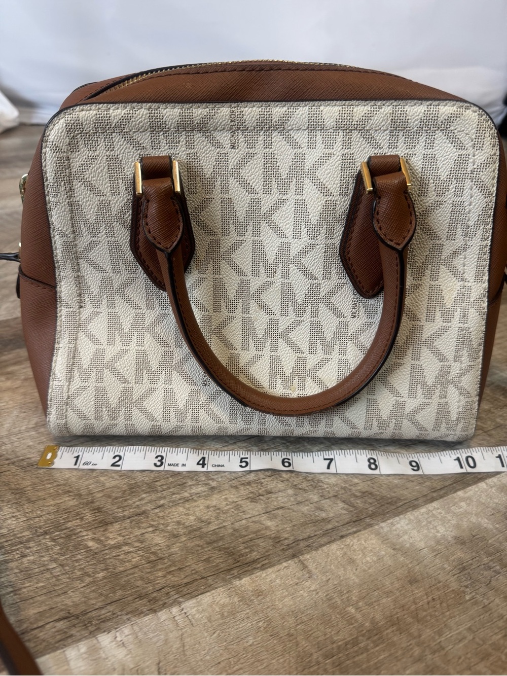 Michael Kors Cream MK Logo Clutch with Brown Leather Trim and shoulder strap - Picture 8 of 15